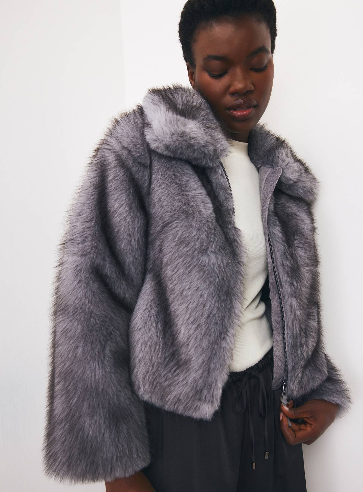 Light Blue Bonded Faux Fur Zip Through Jacket S - Image 1